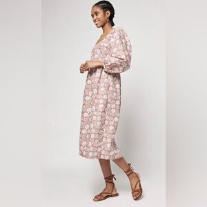 Faherty "Freya" 100% Cotton Midi Dress with Puff Sleeves in Clay Jai Floral, L